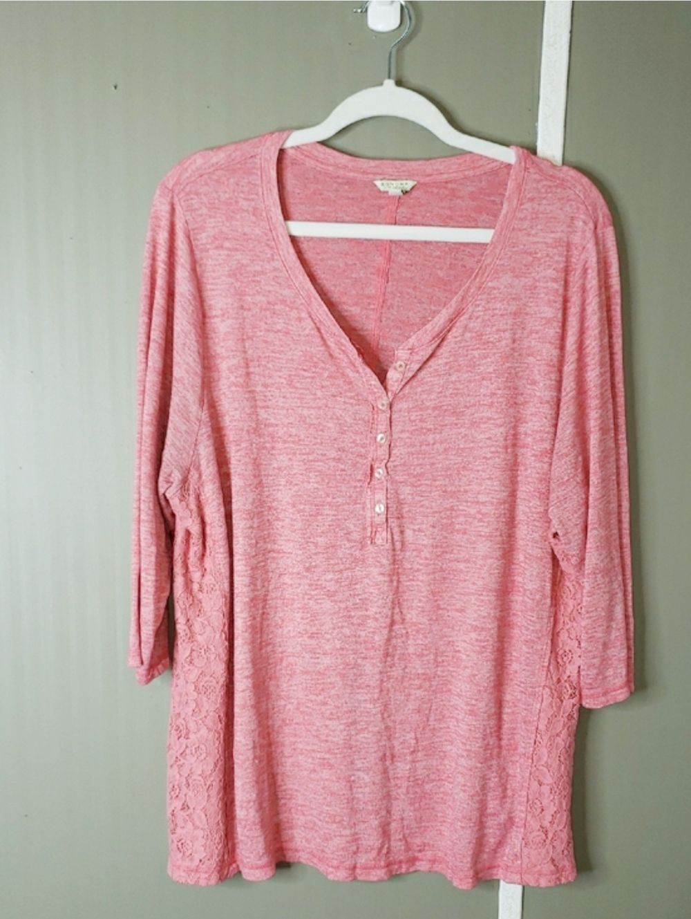 Sonoma Lace Panel Pink Henley Long Sleeve Top 2X Feminine Coquette Romantic